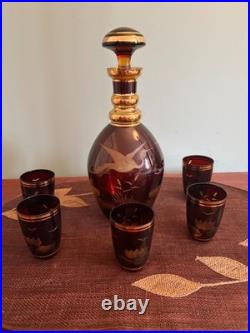 Vintage Bohemian Etched Amber Glass Decanter With 5 Glasses