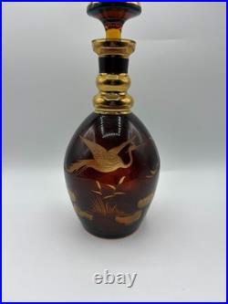 Vintage Bohemian Etched Amber Glass Decanter With 5 Glasses