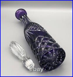 Vintage Bohemian Glass Amethyst Purple Cut to Clear Criss Cross Tall Decanter