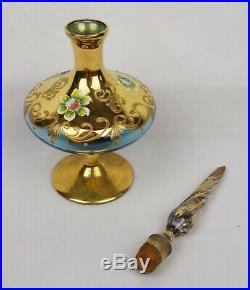 Vintage Bohemian Glass Czech Blue Gold Hand Painted Decanter with Stopper