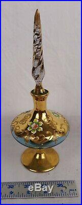 Vintage Bohemian Glass Czech Blue Gold Hand Painted Decanter with Stopper