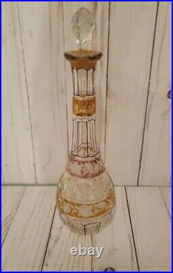 Vintage Bohemian Glass Decanter Clear Amethyst & Gold with Etched Flowers Dec