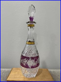 Vintage Bohemian Glass Decanter Clear Amethyst & Gold with Etched Flowers Dec