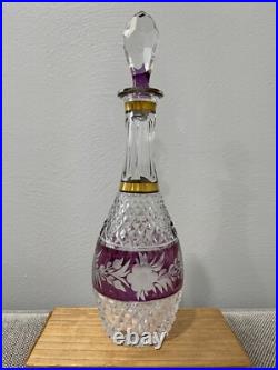 Vintage Bohemian Glass Decanter Clear Amethyst & Gold with Etched Flowers Dec