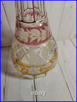 Vintage Bohemian Glass Decanter Clear Amethyst & Gold with Etched Flowers Dec