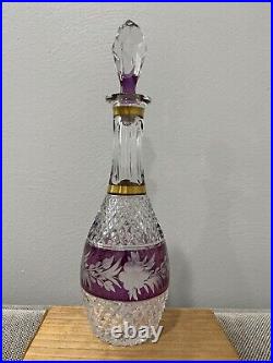 Vintage Bohemian Glass Decanter Clear Amethyst & Gold with Etched Flowers Dec