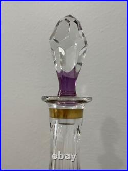 Vintage Bohemian Glass Decanter Clear Amethyst & Gold with Etched Flowers Dec