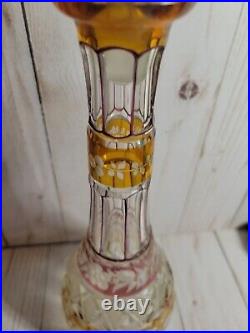 Vintage Bohemian Glass Decanter Clear Amethyst & Gold with Etched Flowers Dec