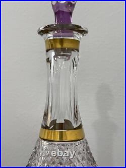 Vintage Bohemian Glass Decanter Clear Amethyst & Gold with Etched Flowers Dec