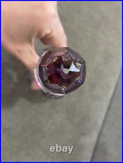 Vintage Bohemian Glass Decanter Clear Amethyst & Gold with Etched Flowers Dec