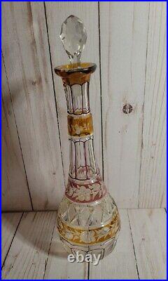 Vintage Bohemian Glass Decanter Clear Amethyst & Gold with Etched Flowers Dec