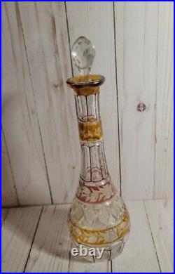 Vintage Bohemian Glass Decanter Clear Amethyst & Gold with Etched Flowers Dec