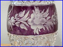 Vintage Bohemian Glass Decanter Clear Amethyst & Gold with Etched Flowers Dec