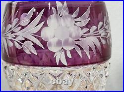 Vintage Bohemian Glass Decanter Clear Amethyst & Gold with Etched Flowers Dec