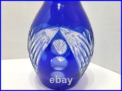 Vintage Bohemian Glass Decanter Set with 6 Glasses Cobalt Blue Cut to Clear
