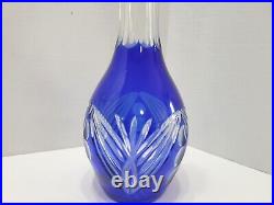 Vintage Bohemian Glass Decanter Set with 6 Glasses Cobalt Blue Cut to Clear