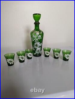 Vintage Bohemian Glass Decanter Set with 6 Glasses Green and White Flowers