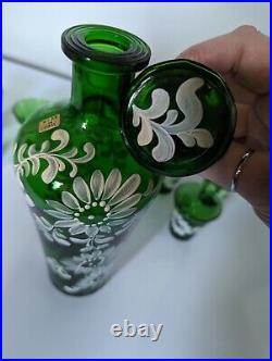 Vintage Bohemian Glass Decanter Set with 6 Glasses Green and White Flowers