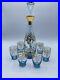 Vintage-Bohemian-Glass-Decanter-Set-with-6-Shot-Glasses-Hand-Painted-BLUE-Gold-MCM-01-dvty