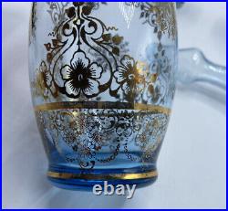 Vintage Bohemian Glass Decanter Set with 6 Shot Glasses Hand Painted BLUE Gold MCM