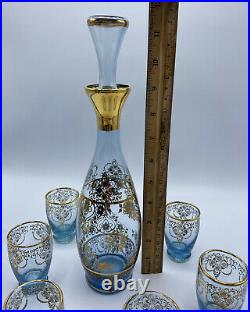 Vintage Bohemian Glass Decanter Set with 6 Shot Glasses Hand Painted BLUE Gold MCM