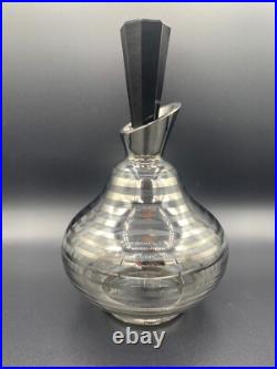 Vintage Bohemian Glass Decanter Silver Stripe Design Black Cut Stopper c. 1920's