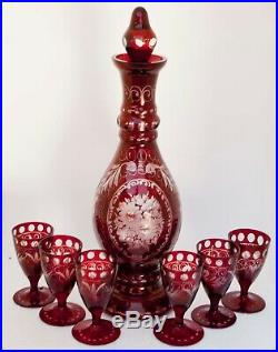 Vintage Bohemian Glass Ruby Cut To Clear 7 Piece Liquor Set Decanter And 6 Stems