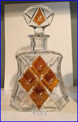 Vintage Bohemian Glass Topaz / Amber Cut to Clear Decanter with Stopper 9 tall