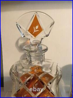 Vintage Bohemian Glass Topaz / Amber Cut to Clear Decanter with Stopper 9 tall