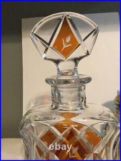 Vintage Bohemian Glass Topaz / Amber Cut to Clear Decanter with Stopper 9 tall