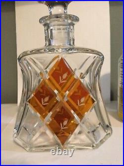 Vintage Bohemian Glass Topaz / Amber Cut to Clear Decanter with Stopper 9 tall