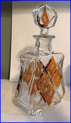 Vintage Bohemian Glass Topaz / Amber Cut to Clear Decanter with Stopper 9 tall