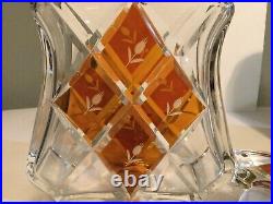 Vintage Bohemian Glass Topaz / Amber Cut to Clear Decanter with Stopper 9 tall