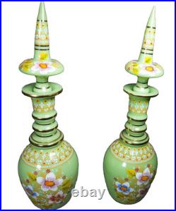 Vintage Bohemian Hand-Painted Green Glass Decanter Pair Floral Enamel Design