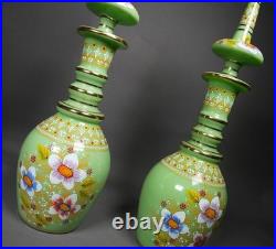 Vintage Bohemian Hand-Painted Green Glass Decanter Pair Floral Enamel Design
