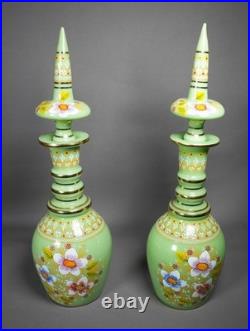 Vintage Bohemian Hand-Painted Green Glass Decanter Pair Floral Enamel Design