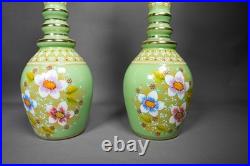 Vintage Bohemian Hand-Painted Green Glass Decanter Pair Floral Enamel Design