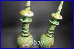 Vintage Bohemian Hand-Painted Green Glass Decanter Pair Floral Enamel Design