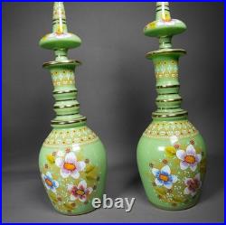 Vintage Bohemian Hand-Painted Green Glass Decanter Pair Floral Enamel Design