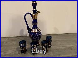 Vintage Bohemian Liquior Decanter With Four Glasses Cobalt Blue And 22karat Gold