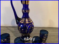 Vintage Bohemian Liquior Decanter With Four Glasses Cobalt Blue And 22karat Gold