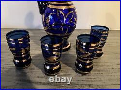 Vintage Bohemian Liquior Decanter With Four Glasses Cobalt Blue And 22karat Gold