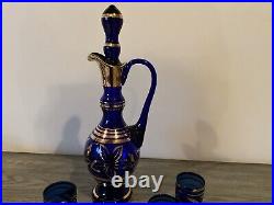 Vintage Bohemian Liquior Decanter With Four Glasses Cobalt Blue And 22karat Gold