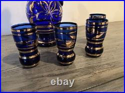 Vintage Bohemian Liquior Decanter With Four Glasses Cobalt Blue And 22karat Gold