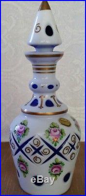 Vintage Bohemian Moser White To Cobalt Glass Decanter Enamel Painted Roses