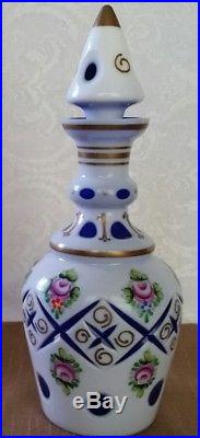 Vintage Bohemian Moser White To Cobalt Glass Decanter Enamel Painted Roses