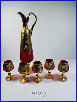 Vintage Bohemian Murano Style Ruby Red & Gold Floral Decanter and 5 Glasses Set