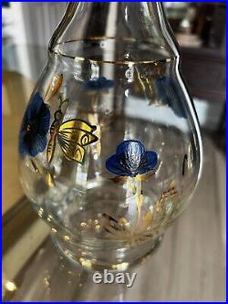 Vintage Bohemian Pansy Butterfly Decanter Set Glass Stopper 5 Stem Glasses