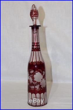 Vintage Bohemian RUBY RED Cut to Clear ETCHED Glass 15 Decanter Bottle +Stopper