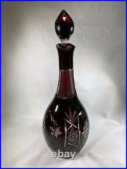 Vintage Bohemian RUBY RED Cut to Clear Signed 11 Decanter Bottle +Stopper a327